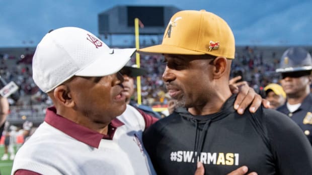 Alabama A&M Head Coach Connell Maynor and Alabama State Head Coach Eddie Robinson Jr. at the 2022 Magic City Classic
